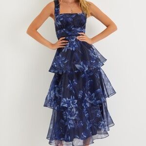 Lulus Dramatic Glamour Navy Blue Floral Organza Tiered Midi Dress - Size L